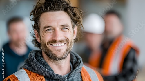 A happy construction worker in an orange safety vest smiles proudly while his team stands blurred behind him at the work site.