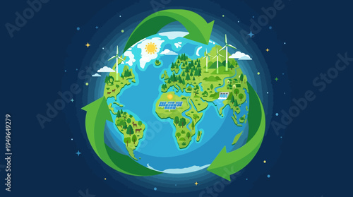 Global Recycling Economy Concept with Planet Earth Renewable Energy and Nature