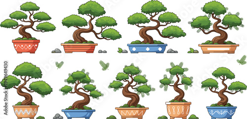 Set of flat vector botanical illustrations featuring Japanese bonsai trees in colorful ceramic pots isolated on white background for zen garden designs