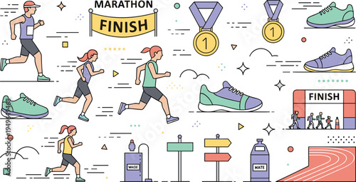 Flat Style Vector Illustration Set of Marathon Runners Crossing Finish Line With Running Shoes Gold Medals and Track Equipment