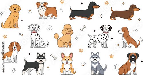 Cute dog breeds vector icons set featuring golden retriever, bulldog, dachshund, dalmatian, poodle, beagle, husky, and corgi characters