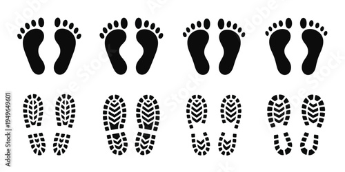 Footprint and walking icons illustration, minimal vector set of human foot and shoe prints for signage, guidance, and educational use.