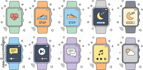 Set of flat line vector icons for smart watch interfaces featuring fitness tracking, sleep monitor, music, and weather applications