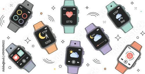 Flat line vector icons set of smart watches featuring fitness tracking, heart rate monitor, weather, and music player interfaces