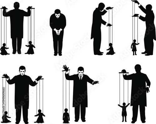 Puppet control silhouettes, adult manipulating child, marionette strings, authority figure, power dynamic, manipulation concept, influence theme, control symbol, psychology, society, hierarchy