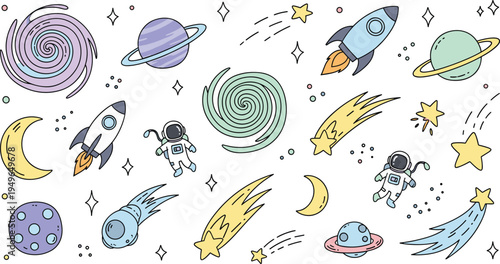 Cute hand drawn space vector icons set with astronauts, planets, rockets, comets, stars, and galaxies for kids education design