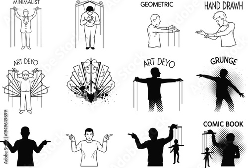 Puppet control silhouettes, artistic styles, minimalist design, geometric figure, hand drawn sketch, art deco theme, comic book style, grunge texture, manipulation concept