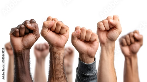 A diverse group of people raises their clenched fists in a show of unity, strength, and empowerment against a bright white background.
