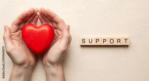 Hands holding red heart symbol for support