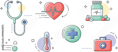 Set of medical diagnostic icons including stethoscope thermometer heart pulse and medicine bottle in flat line art illustration