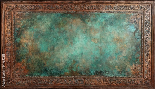 Large blank canvas with antique copper patina featuring textured surface and ornate carved wooden frame