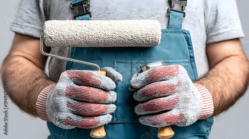 A construction worker holding a paint roller ready to paint a house wall in his professional work uniform and protective gloves indoors studio shot.