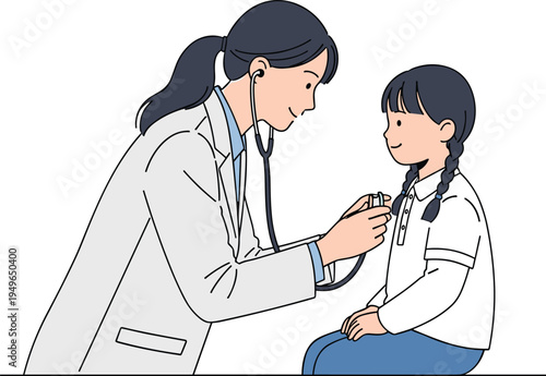 Female doctor using a stethoscope to examine a young girl patient in a clean flat line art illustration