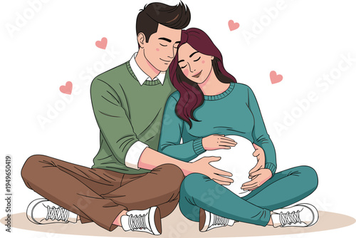 Happy young couple sitting together with man touching pregnant belly of his wife in a tender family illustration