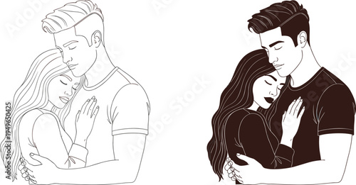 Romantic young couple hugging and embracing in line art and silhouette style for love relationship and emotional support vector