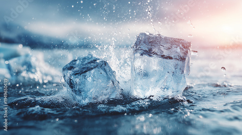 Refreshing Ice Cubes Splashing into Cool Blue Water
