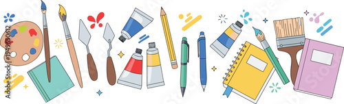 Set of flat vector art supply illustrations featuring paint brushes palette palette knives paint tubes and sketchbooks isolated on white background for creative banners