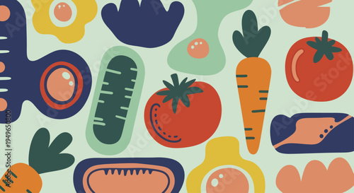 Abstract colorful cartoon vegetables and organic shapes pattern.