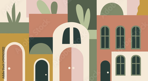 Abstract Geometric Buildings with Arched Windows and Doors.