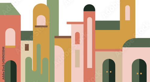 Abstract illustration of a charming Mediterranean town with colorful buildings.