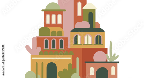 Abstract illustration of a vibrant, multi-level architectural structure with various windows and domes.