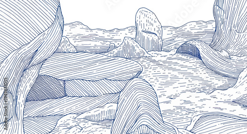 Ancient megalithic dolmen structure in a barren landscape.