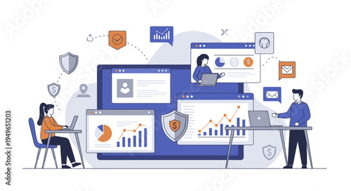 Business people analyzing data and ensuring cybersecurity.