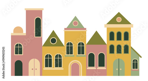 Charming row of colorful cartoon houses with unique architectural styles.