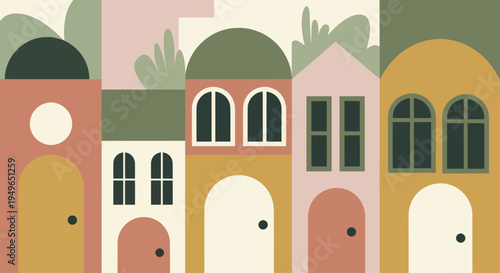 Charming Row of Stylized Houses with Arched Windows and Doors.