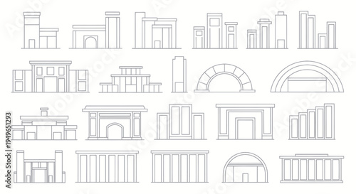 Collection of Architectural Building Facades and Arches Line Art.