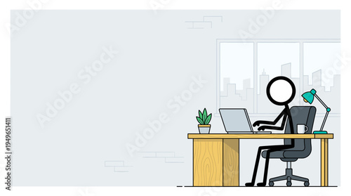 Stickman Working at Desk on Laptop Computer