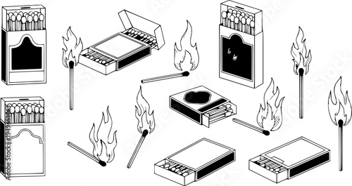 Matchboxes and Burning Matches with Flames a White Background fire
