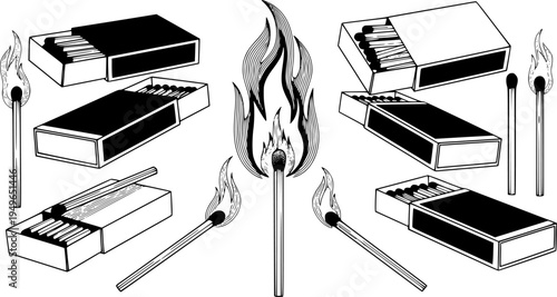 Matchboxes and Burning Matches with Flames a White Background fire
