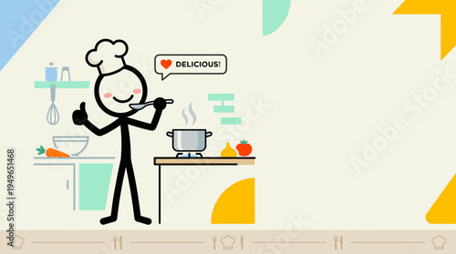 Stickman Chef Enjoys Delicious Food with a Spoon Thumbs Up