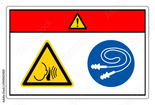 Danger High Noise Area Wear Ear Plug Protection Symbol Sign,Vector Illustration, Isolated On White Background Label.EPS10