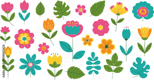 Collection of stylized flat floral and leaves in vibrant colors flowers nature
