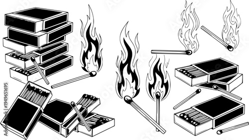 Matchboxes and Burning Matches with Flames a White Background fire
