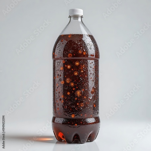 A single plastic bottle filled with a dark carbonated soda beverage against a white background. 2 liter soda