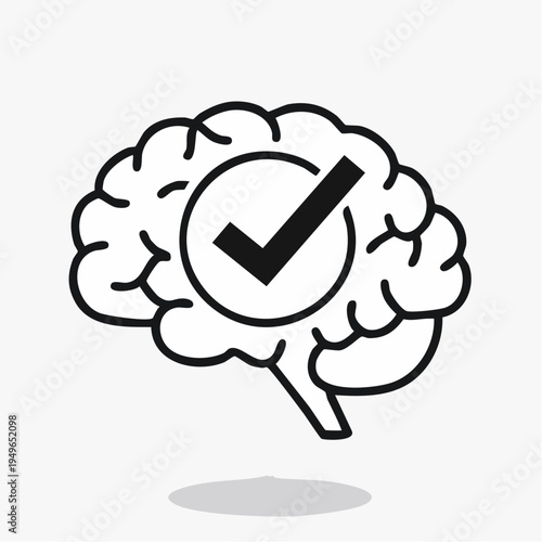 Outline drawing of a human brain with a checkmark in a circle, symbolizing good thinking or mental clarity.