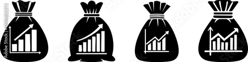 KPI Financial Performance. Four black money bag icons with increasing bar graph and arrow symbols on each, representing financial growth and investment success.