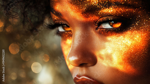 Golden light spills across a woman's face. Her eyes glow softly with warmth and mystery. Curly hair frames her features in radiant bokeh. The glow suggests magic or celebration