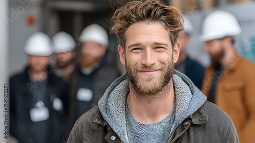 Smiling construction worker looks confidently at camera, surrounded by his team wea hard hats at a construction site environment today.