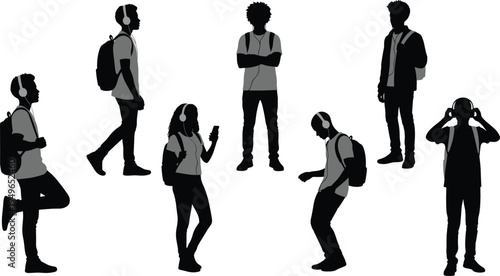 Headphone user silhouettes set, modern youth with backpacks listening to music, casual lifestyle and technology illustration