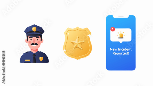 Police officer, badge, and smartphone with incident alert notification