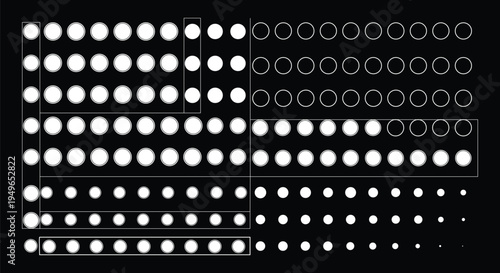 Abstract white circle grid and UI elements on black background.