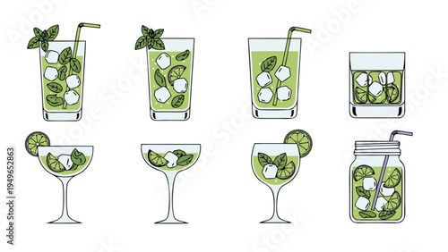 Collection of refreshing mint and lime cocktails with ice in various glasses