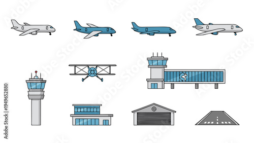 Collection of aviation icons including airplanes, control tower, airport terminal, and runway