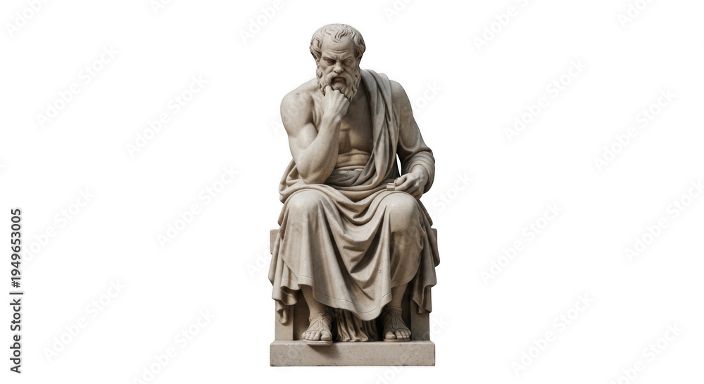 Fototapeta premium A contemplative man sits in deep thought on a stone pedestal lost in introspection and wisdom with a serene expression on his face