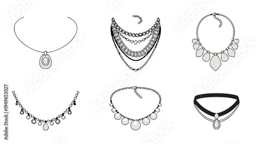 Collection of six different necklace designs, from simple pendants to layered chains