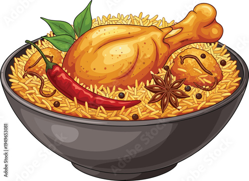 Traditional chicken biryani rice bowl with spicy drumstick chili and star anise in a hand drawn vector illustration